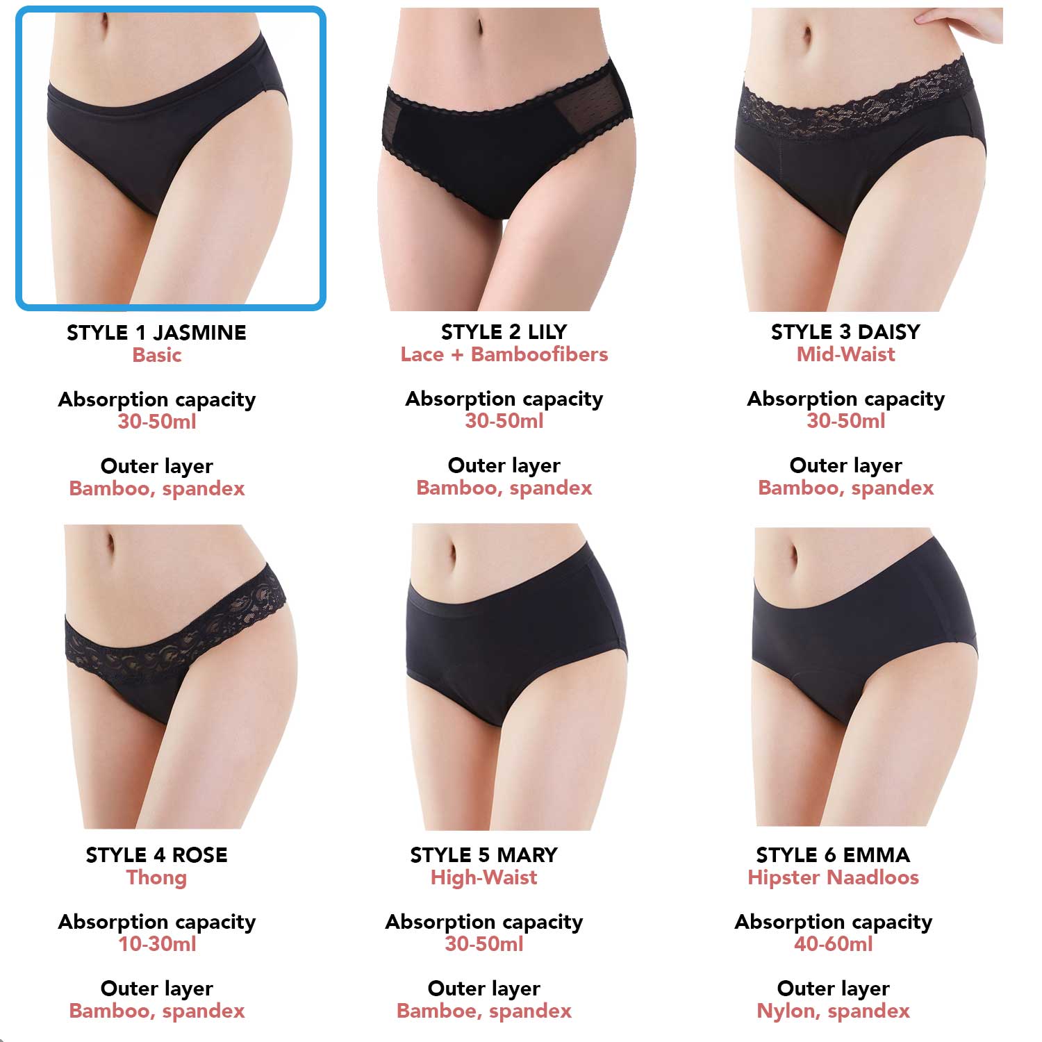 Bamboozy Menstrual Underwear Style 1 Basic Jasmine